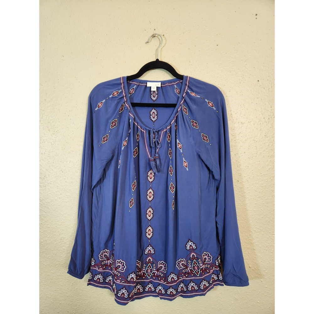 J. Jill Women's Navy Blue Floral Embroidered Long Sleeve Peasant Blouse Sz Small
